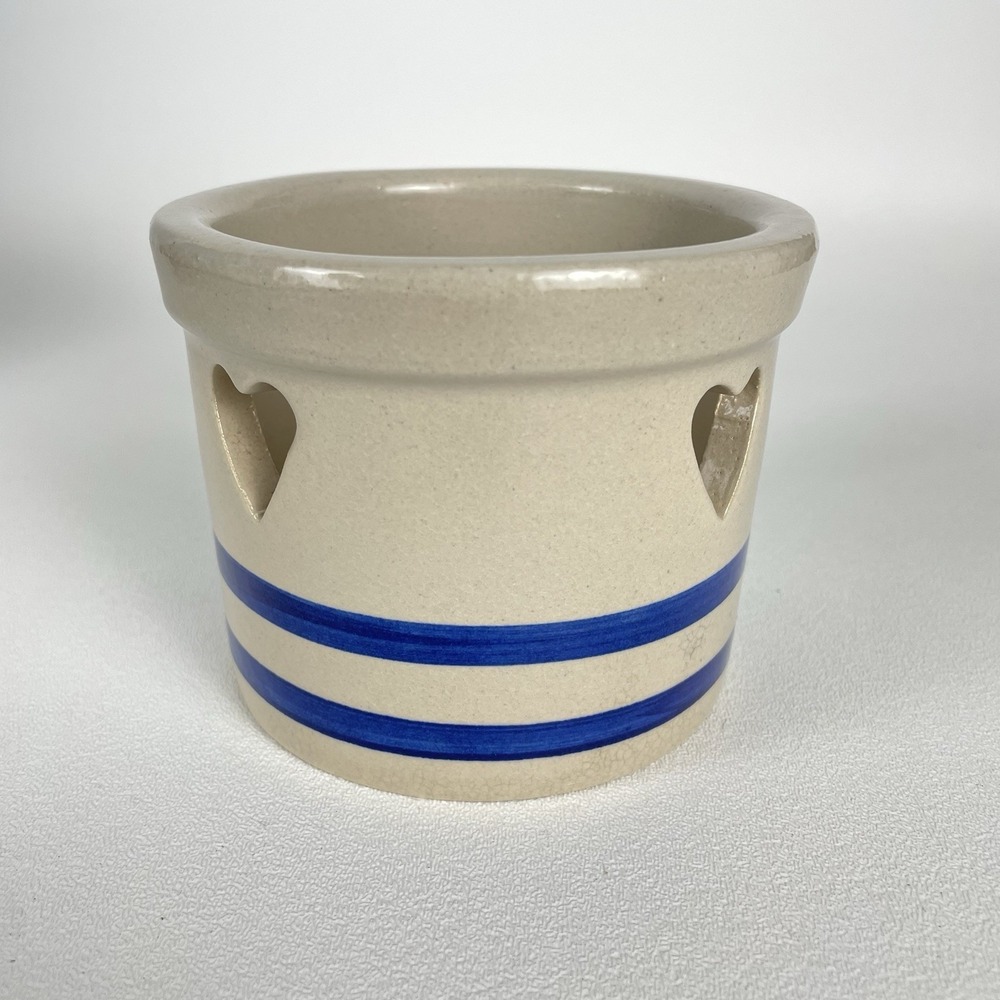 RRP Roseville 1 pint crock, heart cut outs blue stripe Salt wash Vintage Cottage - Picture 3 of 5